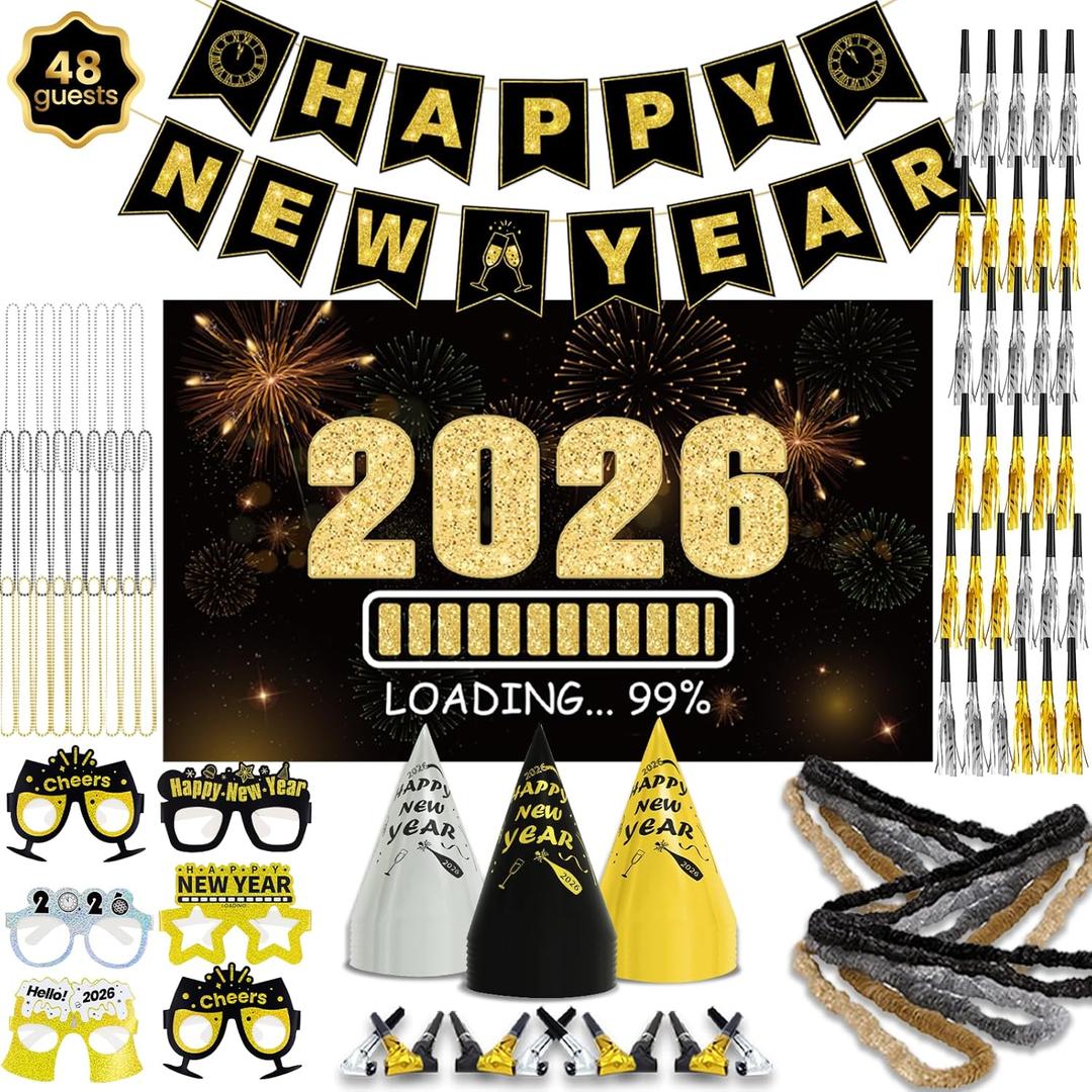 New Years Eve Party Supplies 2026 - Happy New Year Party Supplies Kit for 50 Guests, Including Hats, Glasses, Les, Beads, Squakers, a Backdrop and a Banner, Great New Yeras Decorations
