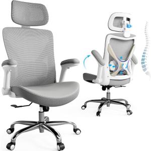 Ergalithic Office Home Ergonomic Desk Chair-Computer X-Shaped Chair Mesh PU Leather with Adjustable Lumbar Support-Executive Chair High Back with Headrest Flip-Up Arms for Long Hours (Grey), 24.8" W X 25.98" D X 47.24" H