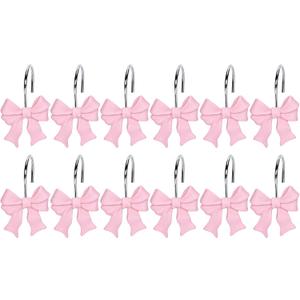 Whaline 12Pcs Pink Bow Shower Curtain Hooks Cute Coquette Bow Curtain Rings Decorative Resin Curtain Hanger Hooks for Living Room Bedroom Bathroom Decor