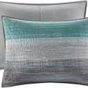 Madison Park Essentials Saben Cozy Bed in A Bag Reversible Quilt with Complete Cotton Sheet Set-Geometric Design All Season Cover, Decorative Pillow, Queen(90"x90"), Stripes Aqua 8 Piece
