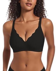 Soft Bras for Women No Underwire Scalloped Bralettes Seamless with Full Coverage Cross Back, Black, M