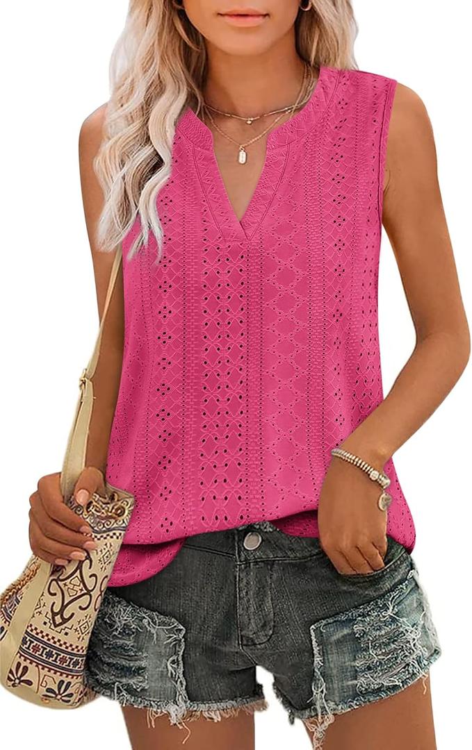 Zwurew Womens Sleeveless Tops Summer Casual V Neck Loose Fit Eyelet Tank Top 2025 Fashion Outfits Rose Red S