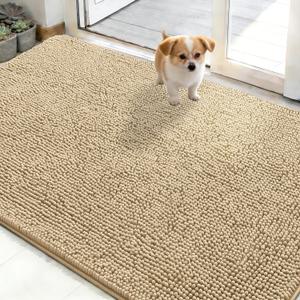 OLANLY Dog Door Mat for Muddy Paws 48x30, Absorbs Moisture and Dirt, Absorbent Non-Slip Washable Doormat, Quick Dry Chenille Mud Mat for Dogs, Entry Indoor Entryway Carpet for Inside Floor, Beige
