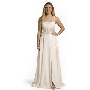 David's Bridal Chiffon Illusion Lace Bodice A-Line Wedding Dress, Women's Size 12, Soft White