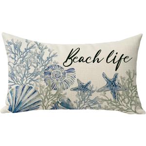 Spring Summer Beach Life Lumbar Decorative Throw Pillow Cover 12 x 20, Rectangular Coastal Sea Conch Starfish Coral Outdoor Home Decor, Ocean Nautical Seasonal Couch Cushion Case