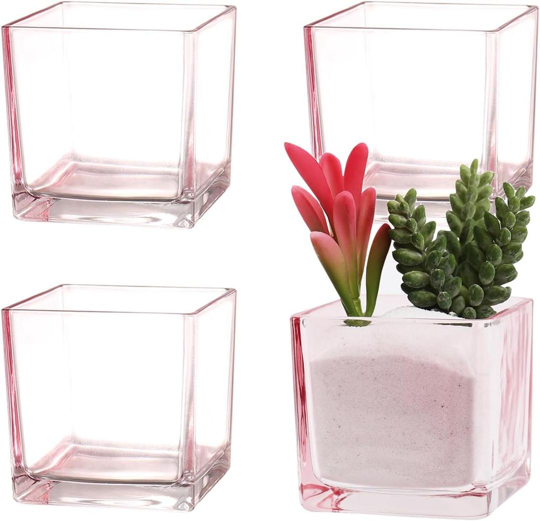 Square Flower Vases Set of 4, 3"x 3"x 3" Glass Vases for Centerpieces, Pink Vase for Flowers, Small Vase for Wedding, Party, Home Office Decoration