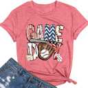 Baseball Game Day T-shirt Mom Fun Ladies Printed retro baseball pattern casual short-sleeved top Pink-S (Pink)