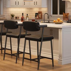 IDEALHOUSE Counter Height Bar Stools Set of 2 With Arms,26" Upholstered Bar Stools With Back, Wider Seat, Modern Bar Stools Set With Footrest for Kitchen Island, Counter Bar,Easy Assembly,Rustic Black, 2 Barstools with Soft Back