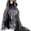 Haunted Hill Farm 3-Ft Rising Reaper with Tombstone, Halloween Accessory, Creepy Horror Movie Skeleton Prop, Spooky Occult Skull Dcor, Scary Indoor Party Decoration, Touch-Activated Lights & Sound