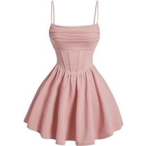 SHENHE Women's Ruched Corset Dress Spaghetti Strap Fit and Flare Flowy Skater Mini Cami Dress Pink, Medium
