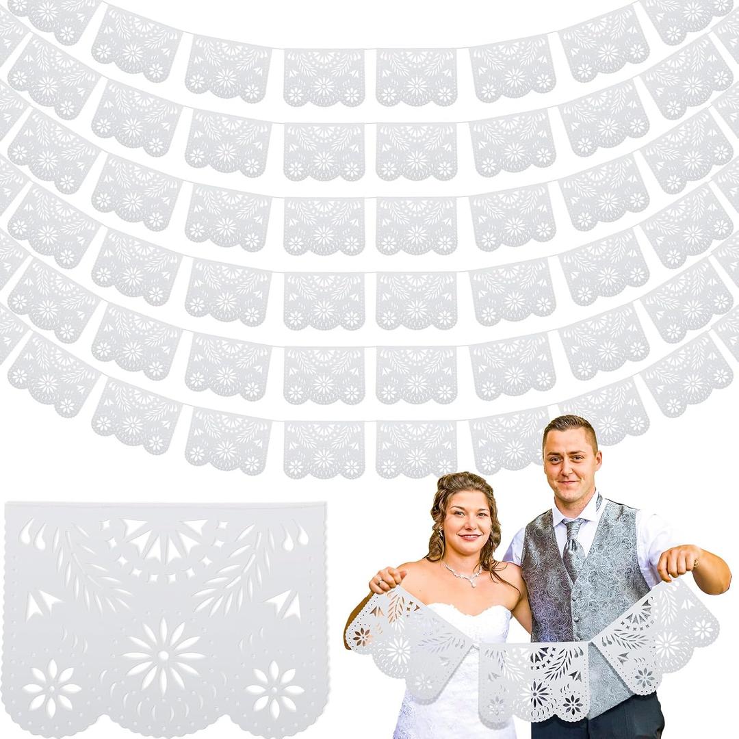 Tatuo 12 Pack White Papel Picado Banner Cielito Lindo Party Decoration 16.4 Feet Large Plastic Mexican Banners Mexico Fiesta Party Decorations Wedding Fiesta Hanging Flags for Cinco De Mayo
