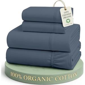 LANE LINEN Full Size Bed Sheet Set 100% Organic Cotton 4pc - Estate Blue | Pure Long-Staple Organic Cotton Full Sheet Set - Easy-Care Machine Washable, Breathable For Year-Round Sleep