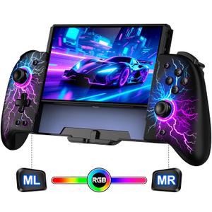 Spican Switch Controllers for Nintendo Switch/Switch OLED, Hall Effect Switch Wireless Pro Controller One-Piece Joypad, Full-Size Handheld Mode Controller with 17 RGB Light/Battery/Turbo/Macro/4 Game Slot (Black-Lightning Pattern)