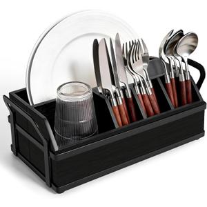 Large Kitchen Utensil Holder Caddy, 6 Compartments Wooden Utensils Organizer for Cooking Utensils, Silverware, Paper Plate, Spoon, Fork, Cutlery Storage on Kitchen Countertop for Party Hosting-Black