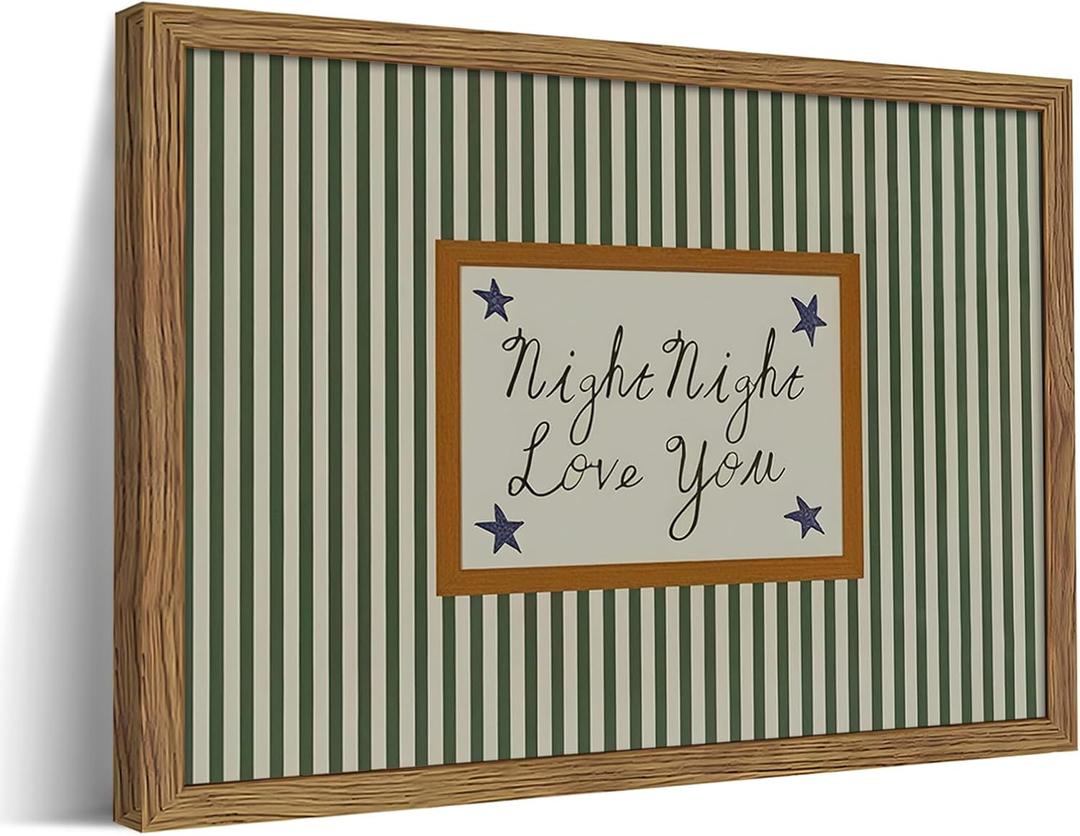 Vintage Green Wall Art, Mid Century Night Night Love You Stripe Canvas Wall Decor Painting, Modern Minimalist Nursery Striped Prints Pictures for Baby Room Kids Bedroom 16x24 Inch Framed