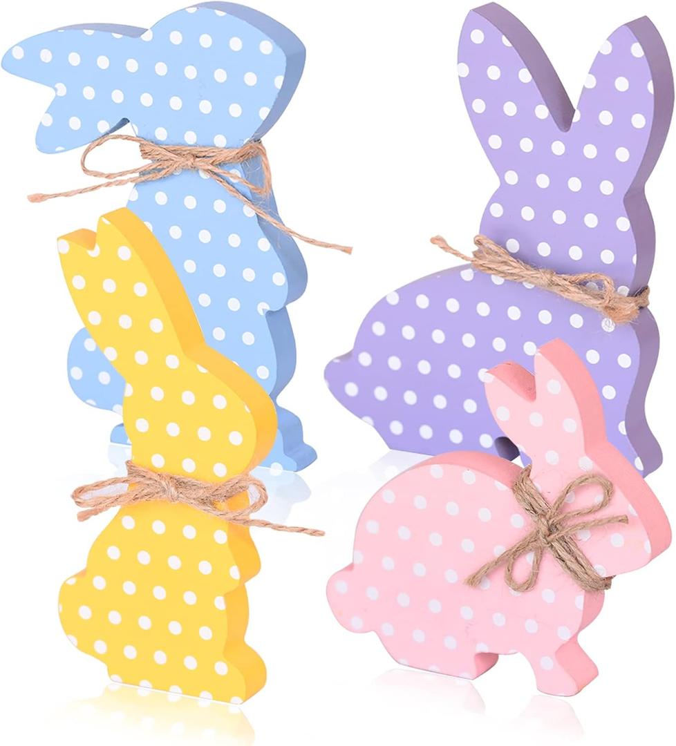 4Pcs Easter Bunny Decorations, Wooden Rabbit Shaped Tabletop Centerpieces Table Signs with Rope Farmhouse Spring Easter Decor for Home Office Dining Room