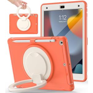 BATYUE Shockproof Case for iPad 7th/8th/9th Gen 2019/2020/2021 | 360 Multi-Angle Stand (Portrait & Landscape) & Grip, Built-in Screen Protector, Pencil Holder, Coral Orange