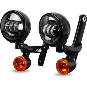 LED Auxiliary 4.5" Spot Fog Light Bracket Fit for Harley Street Electra Glide Road King Spotlight Passing Light W/Housing Bucket Bullet Turn Signals Lamp (Gloss Black, 14 UP Touring)