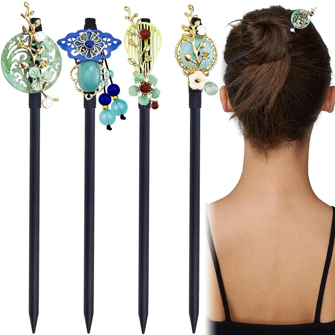 4 PACK Japanese Chinese Wooden Hair Stick, Hairpin with 4 Different Flower Styles, Retro Wooden Hair Accessories for Women Girls (Style 3)