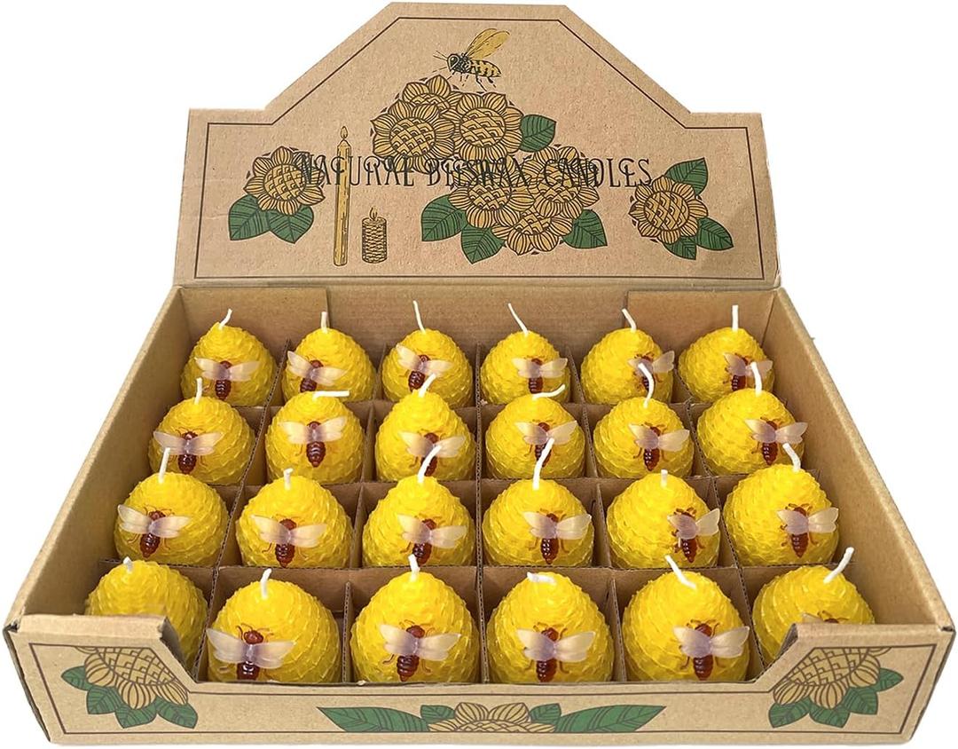 Beeswax Candles Bulk Set of 24pcs, Bee Candles with Little Bee Ornament Decors, Unscented & Dripless& Smokeless, Dia 1.77" x1.97" Each, Yellow