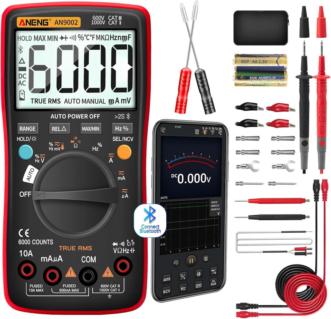 ANENG Bluetooth Multimeter Digital Tester Auto-ranging TRMS 6000 Counts Ohmmeter for AC/DC Voltage,Current,Resistance,Continuity,Capacitance,Diodes,Temperature Meansurement,Volt Meter for Automotive