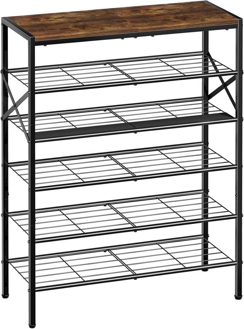 6-Tier Metal Shoe Rack Organizer Shoe Storage for Entryway 18-24 Pairs Narrow Shoe Rack for Closet Heavy-Duty Shoe Shelf with Wooden Top for Garage Rustic Brown