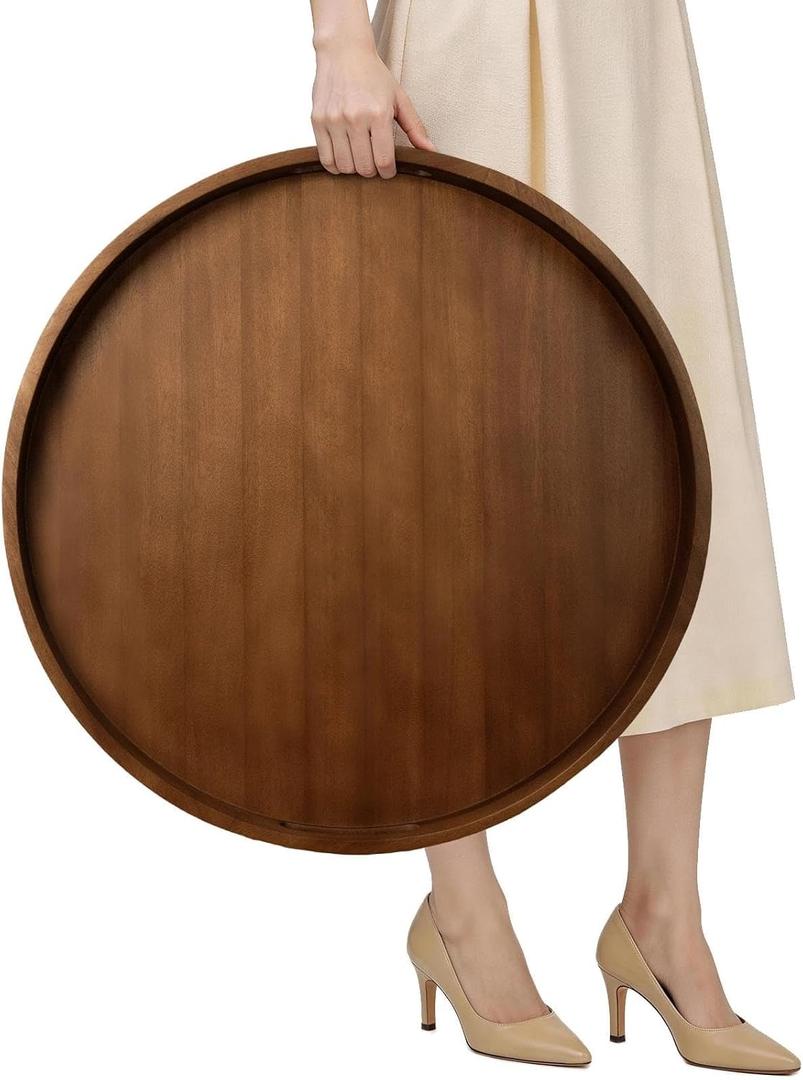 MAONAME Extra Large Ottoman Tray, 24" Round Black Walnut Wood Serving Tray