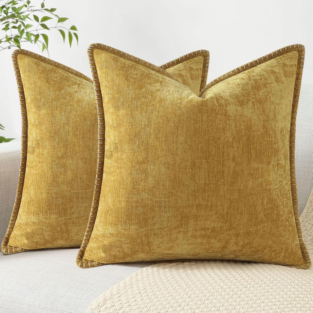 decorUhome Spring Chenille Soft Throw Pillow Covers 18x18 Set of 2, Farmhouse Velvet Neutral Decorative Pillow Covers with Stitched Edge for Couch Sofa Bed Home Decor, Mineral Yellow