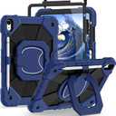 Case for iPad (A16)11th /10th Generation 11/10.9 Inch 2025/2022 with Screen Protector Rotating Stand Shoulder Strap Pencil Holder, Military Grade Shockproof iPad Case 10th Generation, Navy Blue+Black