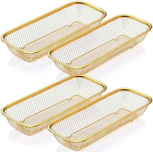 Singhoow 4 Pcs Gold Kitchen Drawer Baskets Stainless Steel Storage Container Mesh Storage Golden Utensil Holder Wire Basket Stackable Drying, 12 x 5 x 2 Inch