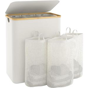 Extra Large 3 Section Dirty Clothes Laundry Basket with Lid, Dirty Clothes Hampers with Removable Bags for Bedroom and Laundry Room, Beige, 145l