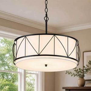 19.7 Inch Drum Chandelier, 5-Light Rustic Black Dining Room Light Fixture