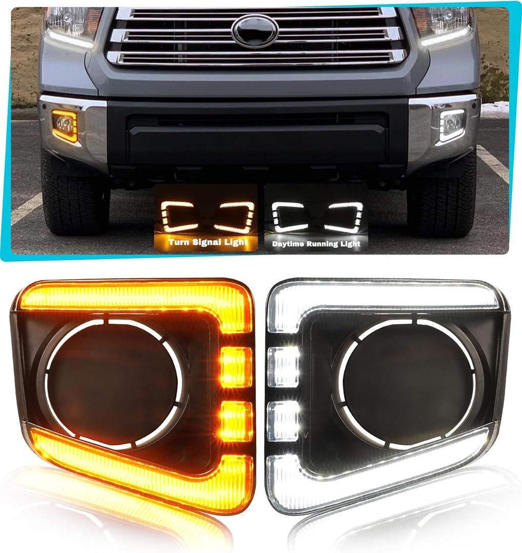 DRL w/Turn Signals for 2014-2021 Toyota Tundra Fog Lights Cover LED Daytime Running Lights Front Bumper Lights for Tundra Accessories, Black housing
