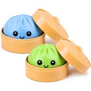 2 PCS Mystery Green Blue Dumpling Squishies with Steamer Box,Soft Stretchy Bao Bun Stress Relief Balls,Sensory Fidget Squeeze Toys for Anxiety Relief,Decompression Desk Toys