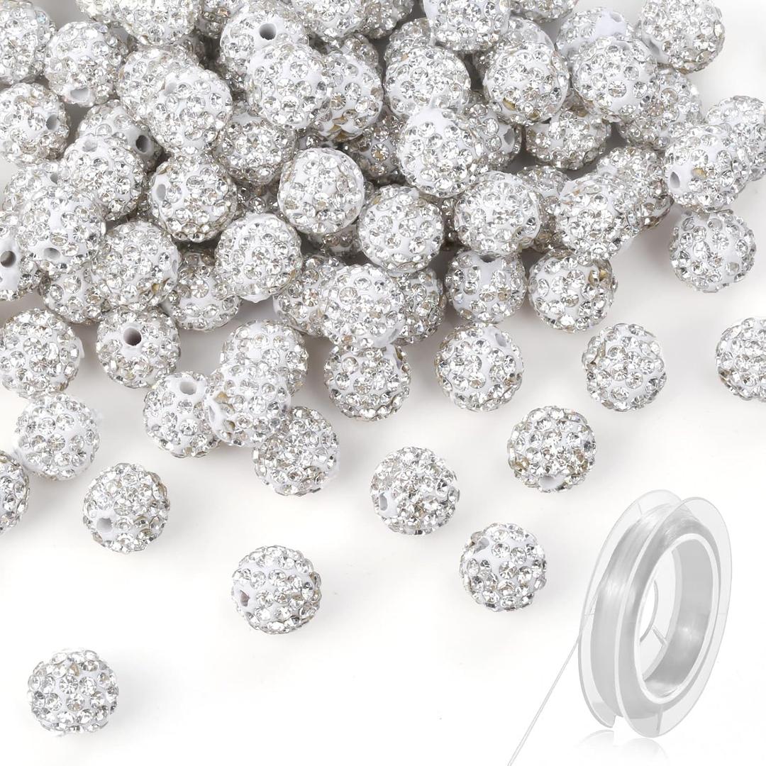 120 Pcs Clay Rhinestone Beads 10mm for Jewelry Making, Bling Sparkle Rhinestone Beads with Elastic String for Bracelet Necklace Earring Jewelry Making (Crystal)