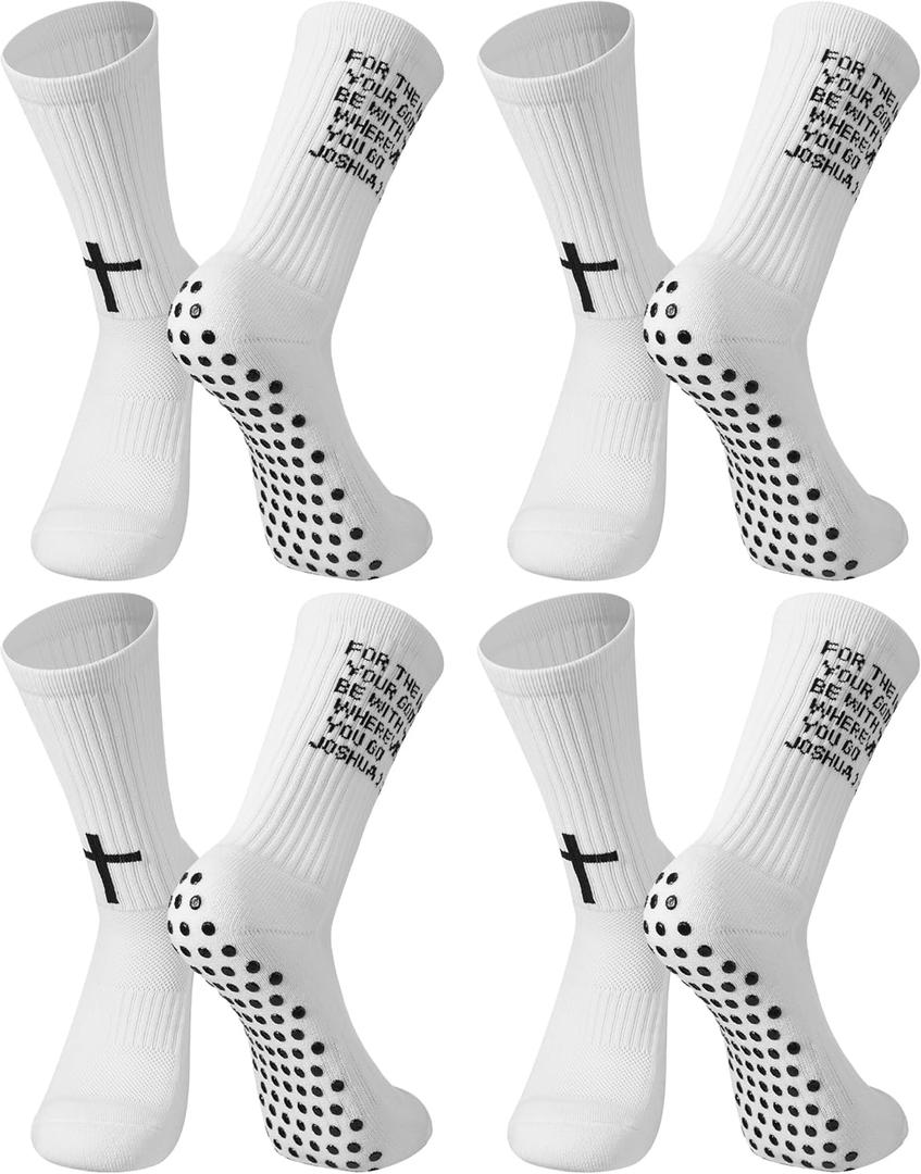 Geyoga 4 Pairs Grip Cross Soccer Socks Anti-slip Grips Sports Sock with Faith Bible for Baseball Football Basketball Gym (White)