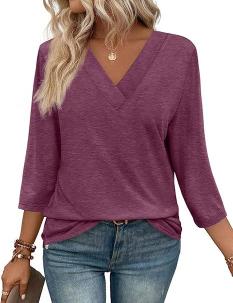 WIHOLL 3/4 Length Sleeve Womens Tops V Neck Casual Tunic Tops Basic Shirts Loose Fit Blouse (X-Large, B Lake Green)