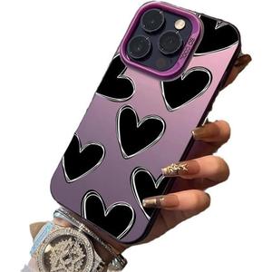 Phone Case for Women/Girls, Luxury Love Heart Electroplate Silver Case Compatible with iPhone 14 Pro, Purple with Black Hearts