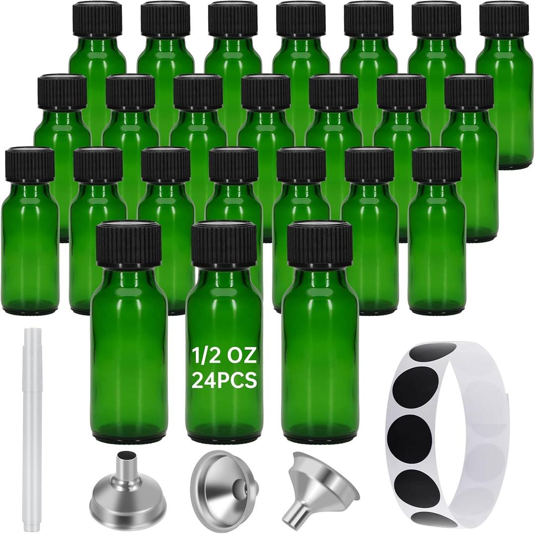 REUJIHXY 24Pcs Green 0.5 oz Glass Boston Bottles with Black Poly Cone Cap, 15ML Round Glass Bottle for Essential Oil, Perfume and Liquid Boston Round Bottles- UV Rays Protection (24)