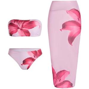 Verdusa Women's 3 Piece Floral Strapless Bikini Set Bandeau Swimsuit with Cover Up Skirt Size L