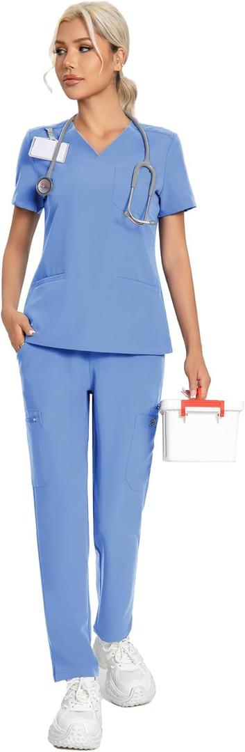KUNGFU SCRUBS Scrubs for Women Set V-Neck Top & Straight Leg Pants 12 Pockets for Nurses & Healthcare Workers, XL
