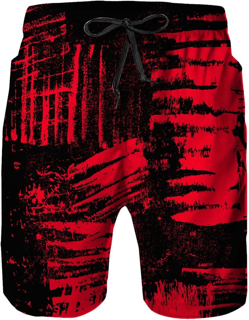 Hzcmaoyi Mens Swim Trunks with Mesh Lining, Red Black Background with Grunge Stripes Spots Quick Dry Swimsuit Board Shorts Beach Pants Swimwear Bathing Suits, 3XL