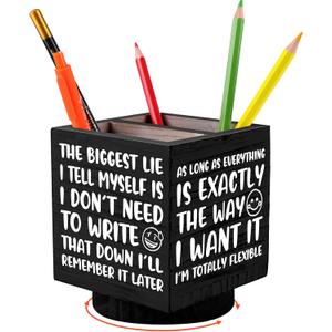 Outus Wooden Spinning Pen Holder for Desk I'll Remember It Later Pencil Holder Cute Organizer Funny Desk Decor Pencil Case Art Supply Storage Box for Home Office (Black)