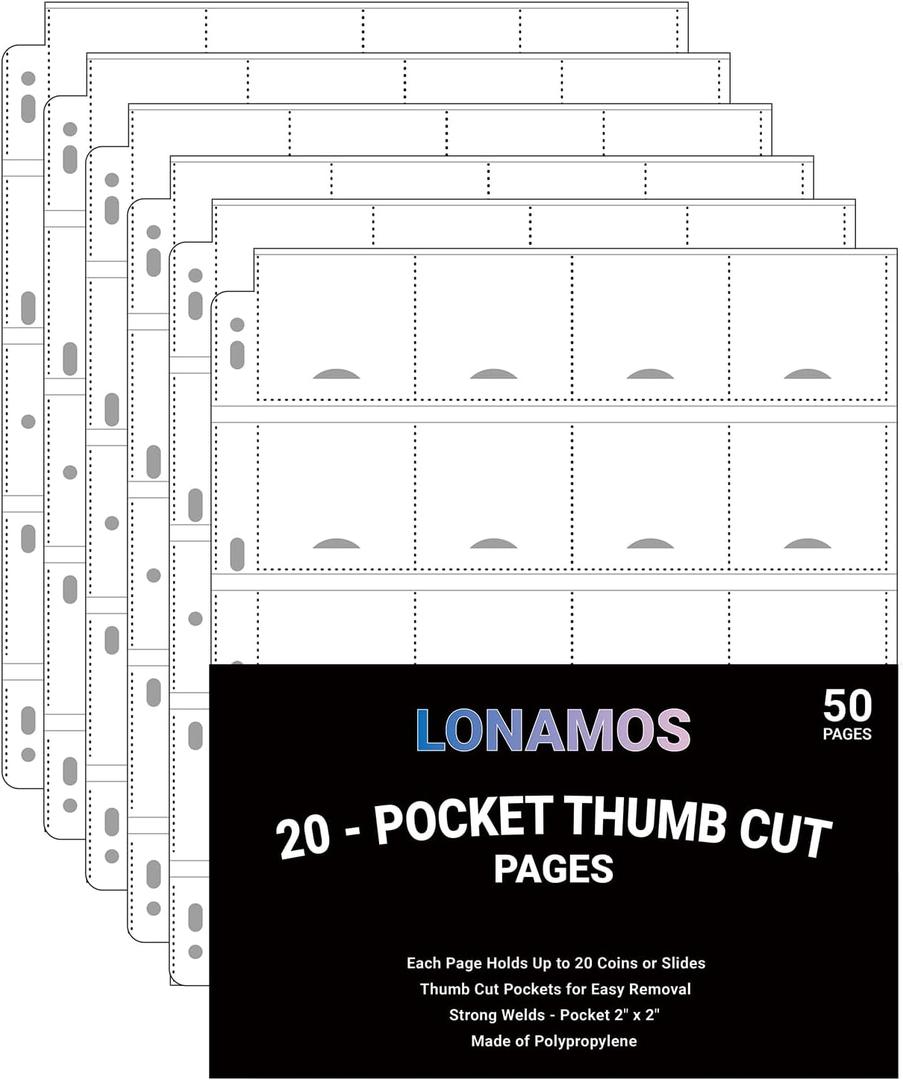 50-Sheets 20-Pocket Thumb-Cut Coin Pages - Coin Pocket Pages for 2 x 2 Inch Cardboard Coin Holders, Collecting Sleeves for Coin Flips, 1000 Pockets for Coin Binder, Coin Collection Storage Supplies