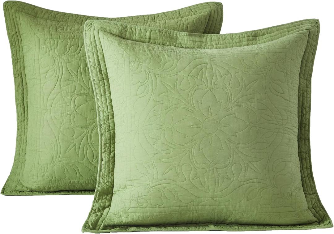 WINLIFE 100% Cotton Quilted Euro Sham Covers, 2 Pack Cotton 26'' x 26'' Pillow Covers, Soft and Breathable Euro Shams, Square Pillow Shams, Olive Green