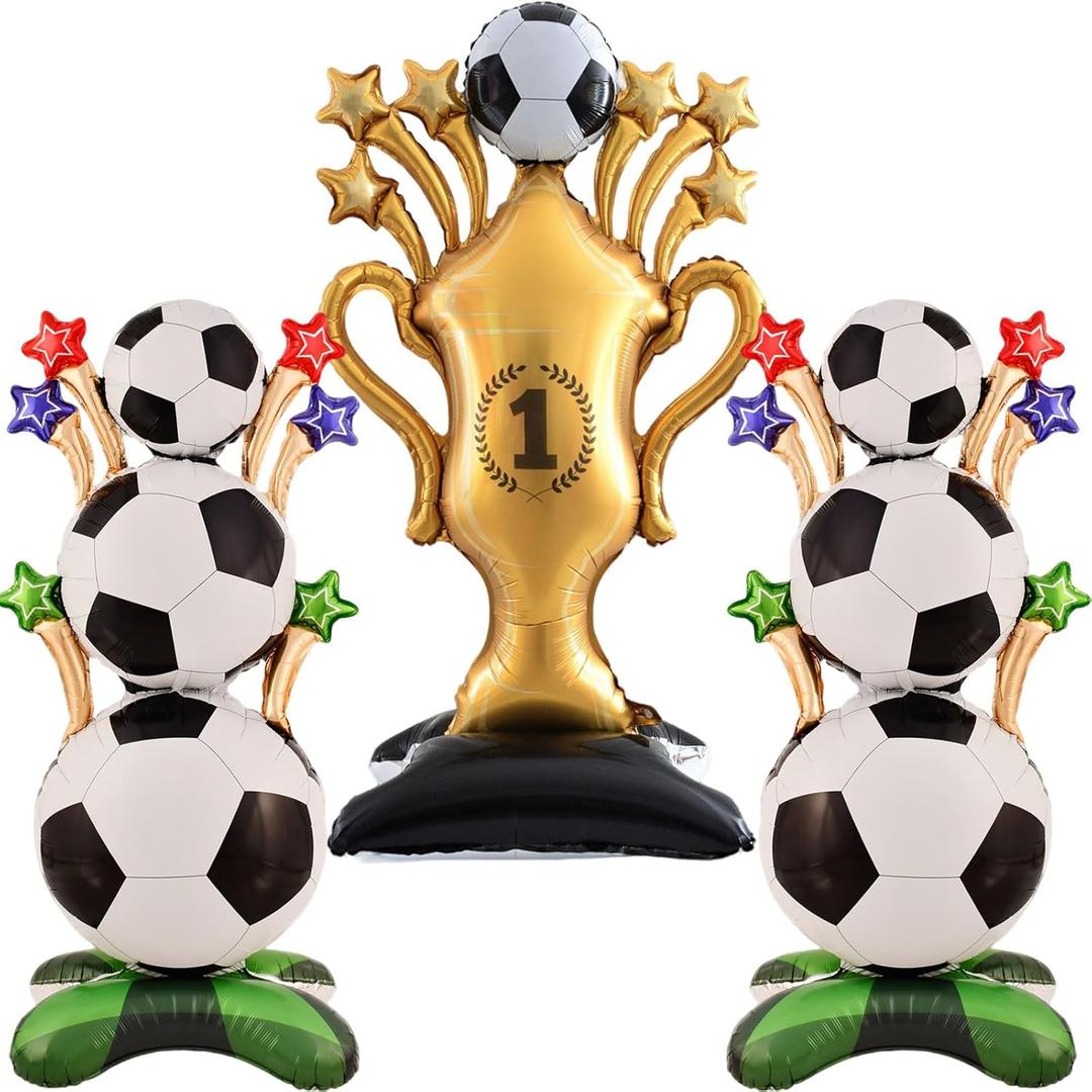 3 Pcs 5 ft Giant Self Standing Soccer Foil Balloons with Star-patterned Soccer Balloon Style Golden Trophy Foil Balloon Set for Soccer Birthday Sports Themed Party Decoration Supplies
