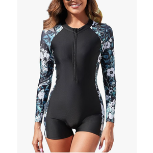 Womens Rash Guard Long Sleeve One Piece Swimsuits Zipper Front with Boy Shorts Swim Shirt Uv Protection UPF 50, Size S
