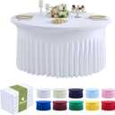 Outpain 6 Pack White Round Spandex Tablecloths for 60in Tables, 120Inch Stretchy Fitted 5FT Round Table Clothes,Wrinkle Free Table Cover with Skirt for Wedding Party Dining Banquet