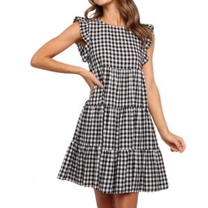chouyatou Women's Summer Ruffle Puff Sleeve Babydoll Dress Cute Gingham Plaid Printed Tiered Midi Dress (Black, S)
