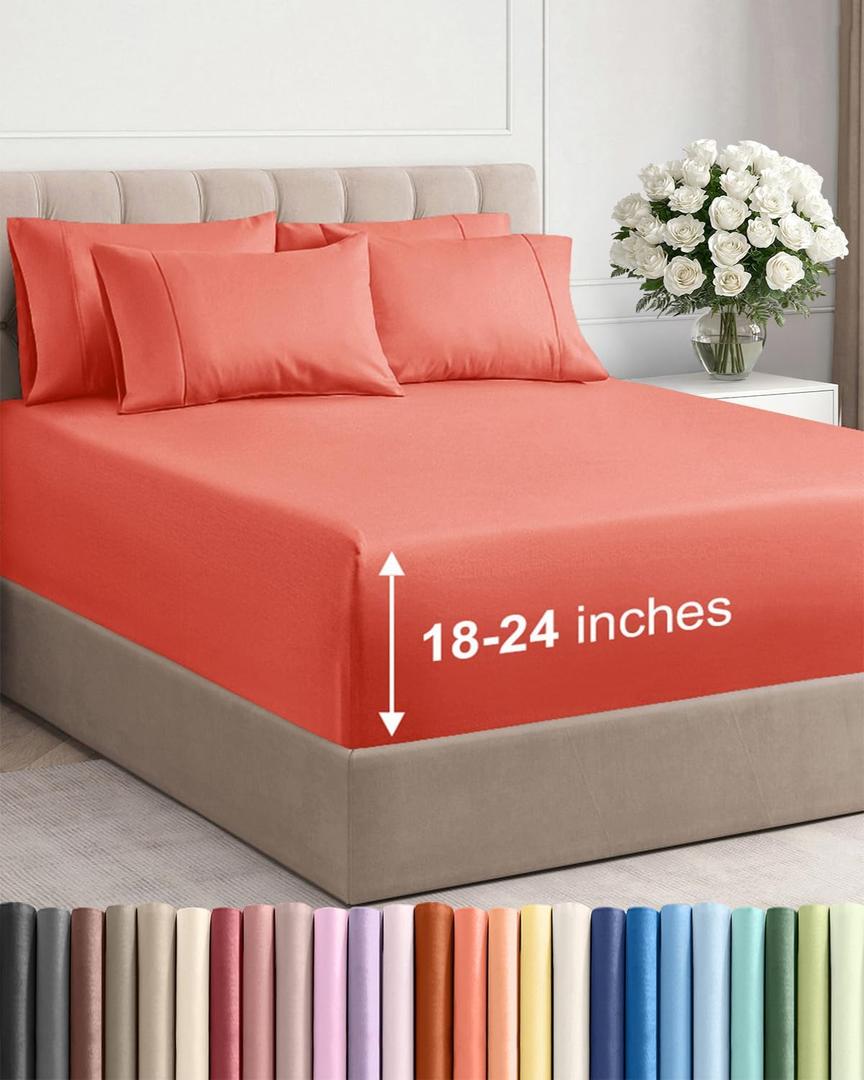 Extra Deep King Sheet Set - 6 Piece Breathable and Cooling Sheets - Hotel Luxury Bedding for Women, Men, Kids & Teens - Easy & Secure Fit - Soft, Wrinkle Free and Comfy - Extra Deep Pockets - Coral